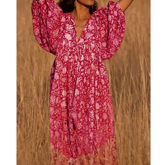 Boho Floral Print V neck 3/4 Sleeve Loose Fit Dress - Picture 7 of 11